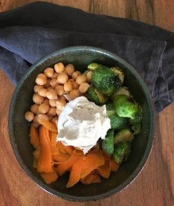 Sweet Potato and Brussels Sprout Power Bowl with Cashew Cream Sauce